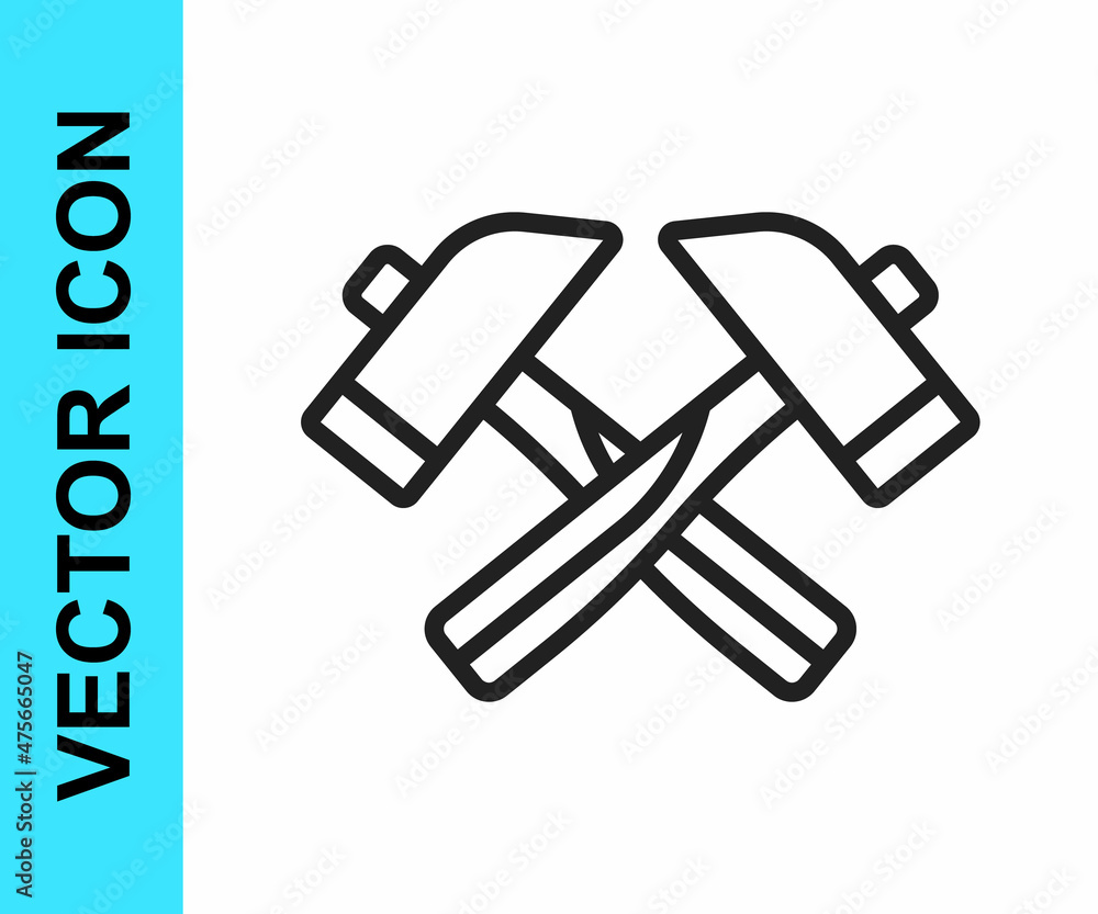 Black line Crossed hammer icon isolated on white background. Tool for repair. Vector