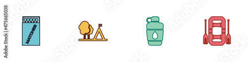 Set Open matchbox and matches, Tourist tent with flag, Canteen water bottle and Rafting boat icon. Vector