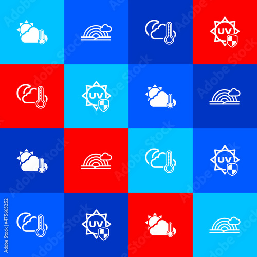 Set Thermometer and cloud, sun, Rainbow with, moon and UV protection icon. Vector