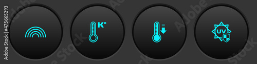 Set Rainbow, Meteorology thermometer, and UV protection icon. Vector