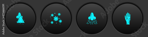 Set Runny nose, Bacteria, and Hand with psoriasis or eczema icon. Vector