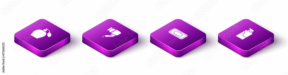 Set Isometric Perfume, Hair dryer, Bar of soap and Cream cosmetic tube icon. Vector Set Isometric Perfume, Hair dryer, Bar of soap and Cream cosmetic tube icon. Vector