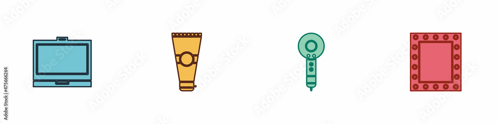Set Makeup powder with mirror, Lotion cosmetic tube, Hair dryer and lights icon. Vector Set Makeup powder with mirror, Lotion cosmetic tube, Hair dryer and lights icon. Vector