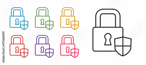 Set line Shield security with lock icon isolated on white background. Protection, safety, password security. Firewall access privacy sign. Set icons colorful. Vector