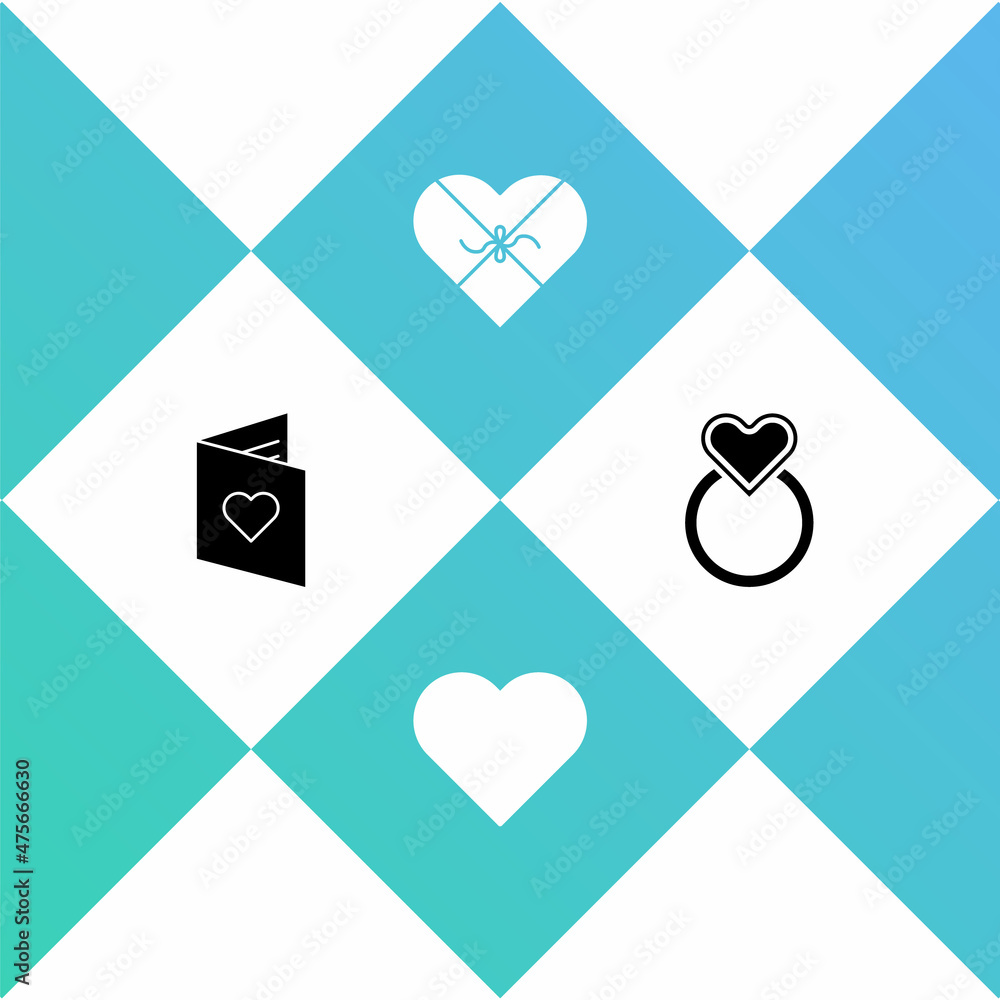 Set Valentines day flyer with heart, Heart, Candy shaped box and Wedding rings icon. Vector