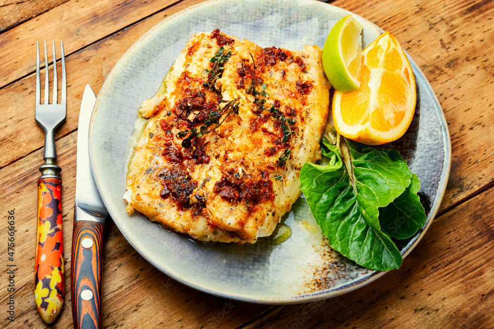 Fried fish fillets in orange oil. Fried fish fillets in orange oil.