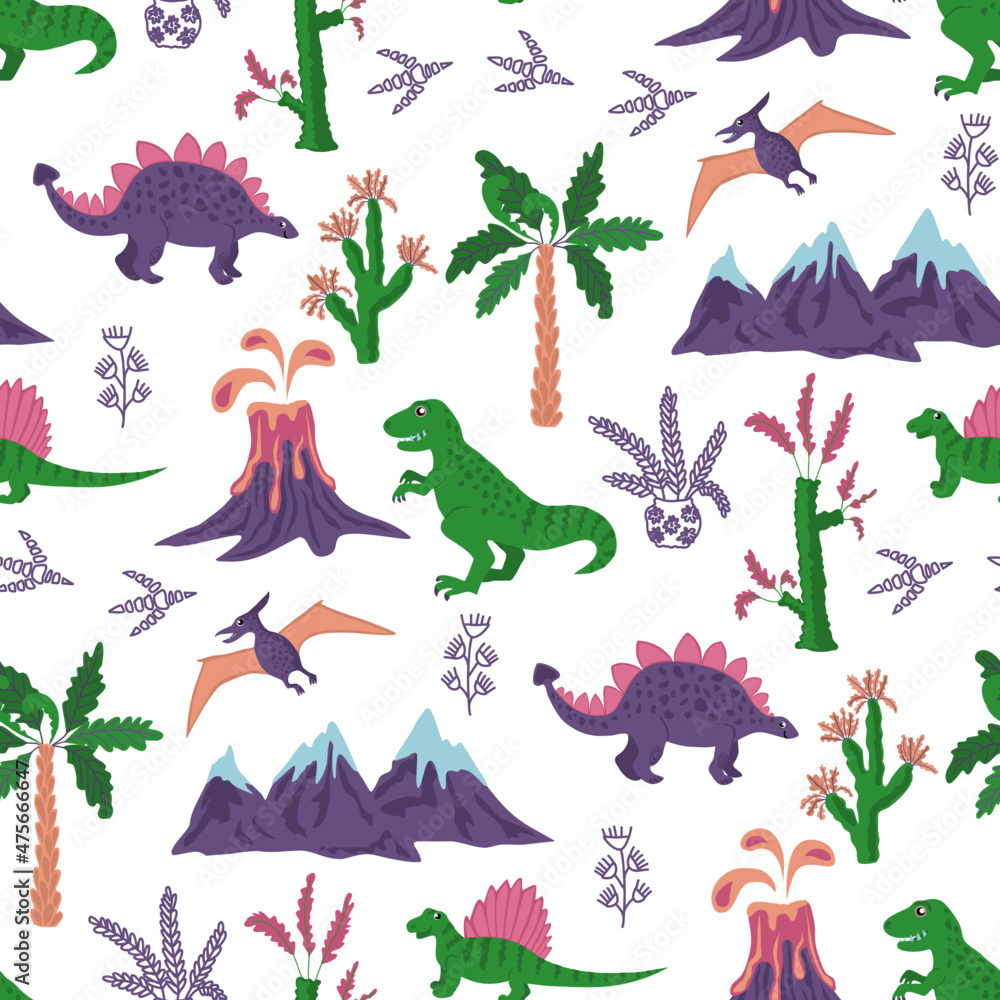 Seamless vector pattern with dinosaurs, for textiles and packaging. Seamless vector pattern with dinosaurs, for textiles and packaging.