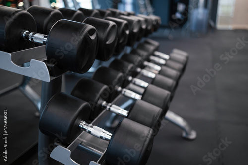 Rows of dumbbells on a rack in a gym