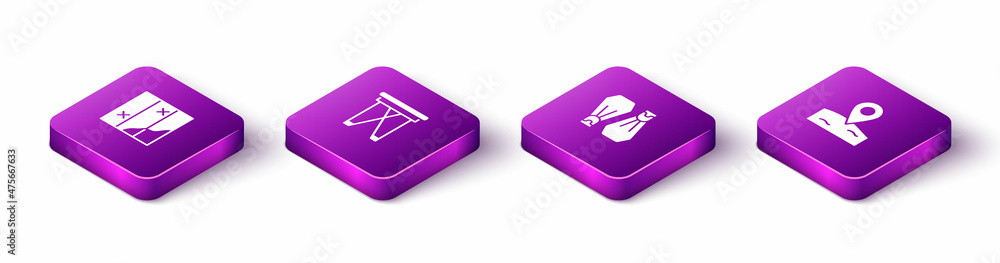Set Isometric Folded map, Folding chair, Rubber flippers for swimming and Location fishing icon. Vector Set Isometric Folded map, Folding chair, Rubber flippers for swimming and Location fishing icon. Vector