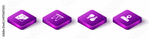 Set Isometric Folded map  Folding chair  Rubber flippers for swimming and Location fishing icon. Vector