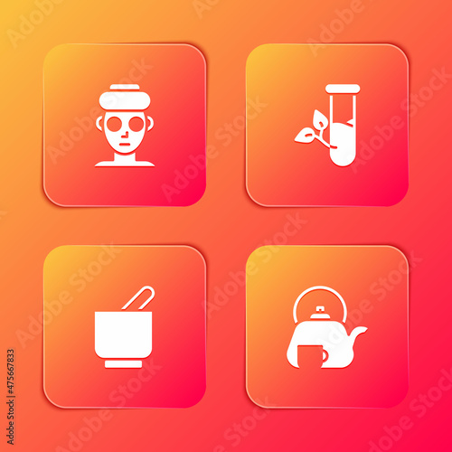 Set Facial cosmetic mask, Laboratory glass and leaves, Mortar pestle and Teapot with cup icon. Vector
