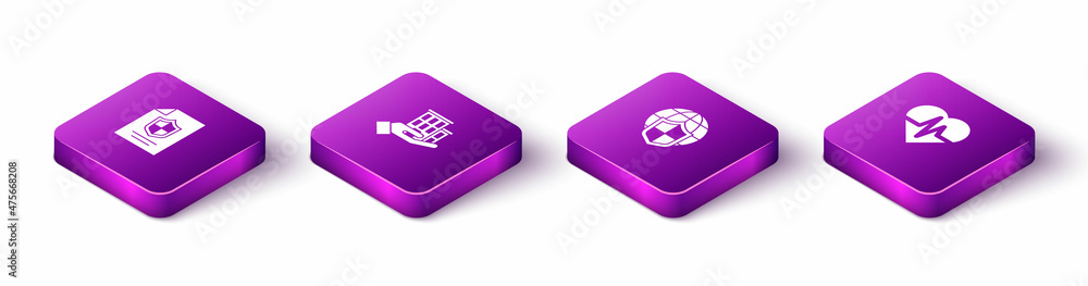 Set Isometric Contract with shield, House insurance, Shield world globe and Health icon. Vector Set Isometric Contract with shield, House insurance, Shield world globe and Health icon. Vector