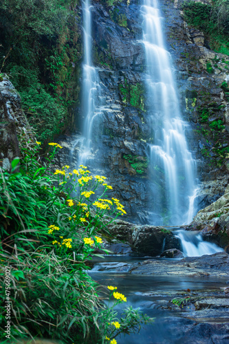 Fototapeta Naklejka Na Ścianę i Meble -  waterfall flowing streams through rocks in forest with blurred water surface long exposure shot