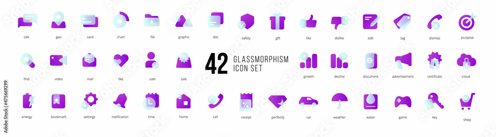 A set of purple vector icons of modern trend in the style of glass morphism with gradient, blur and transparency. The collection includes 42 icons in a single style of business, finance, UX UI - obrazy, fototapety, plakaty 