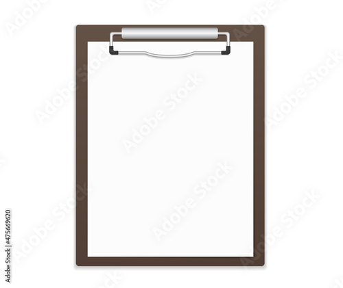 Clipboard with blank paper on white background