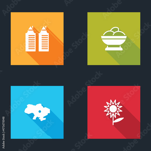 Set Two towers in Dnipro, Varenyky a bowl, Map of Ukraine and Sunflower icon. Vector