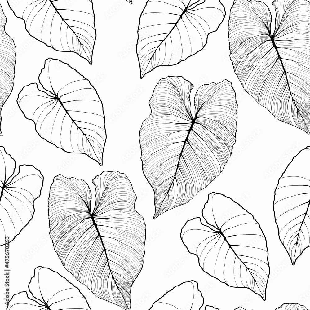Floral seamless pattern, black split-leaf Philodendron plant on white background, line art ink drawing.