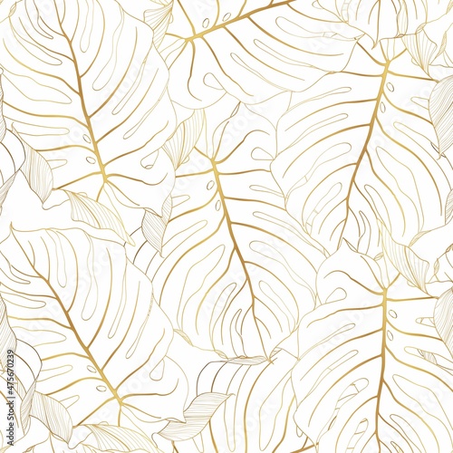 Foliage seamless pattern, monstera palm leaves, golden line art ink drawing on white background.