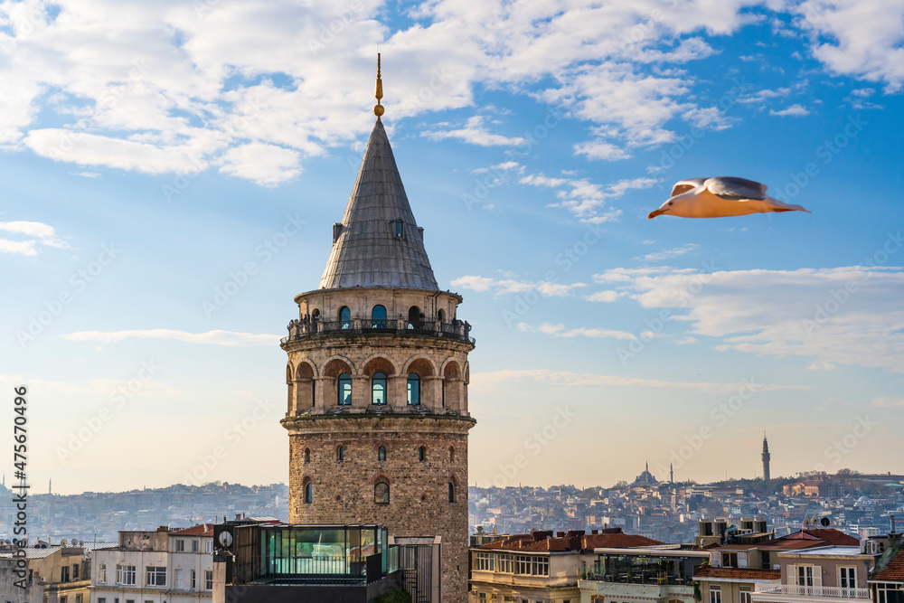 Istanbul Galata Tower view from top. Natural clouds and blue sky