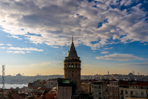 Istanbul Galata Tower view from top. Natural clouds and blue sky