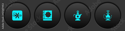 Set No Smoking, Holy book of Koran, Islamic teapot and Hookah icon. Vector