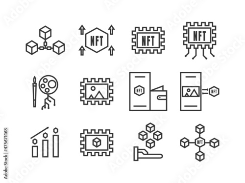 Set of NFT (Non-fungible token) icons. Thin line icons such as blockchain technology, buy and sell NFT art, and cryptocurrency. Editable stroke. Pixel perfect 64x64 For web and mobile.
