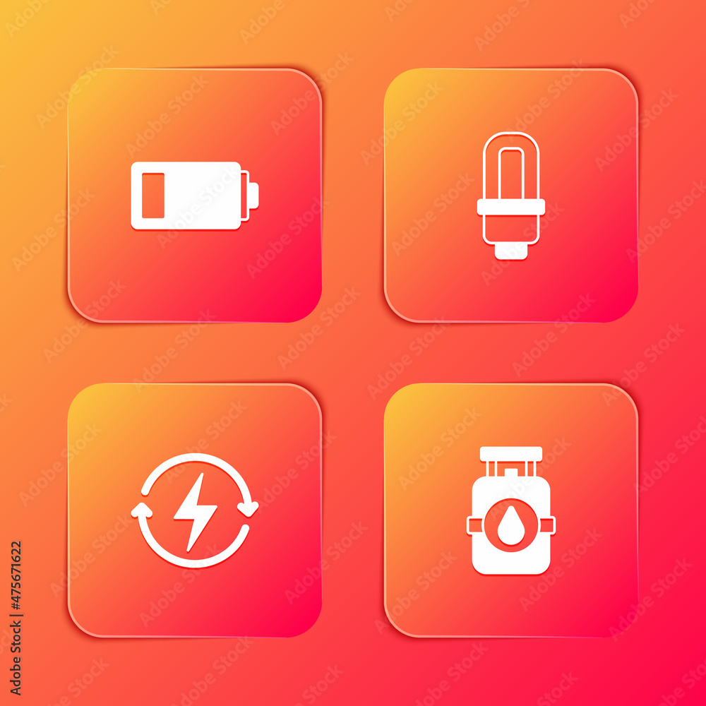 Set Battery, LED light bulb, Recharging and Propane gas tank icon. Vector Set Battery, LED light bulb, Recharging and Propane gas tank icon. Vector