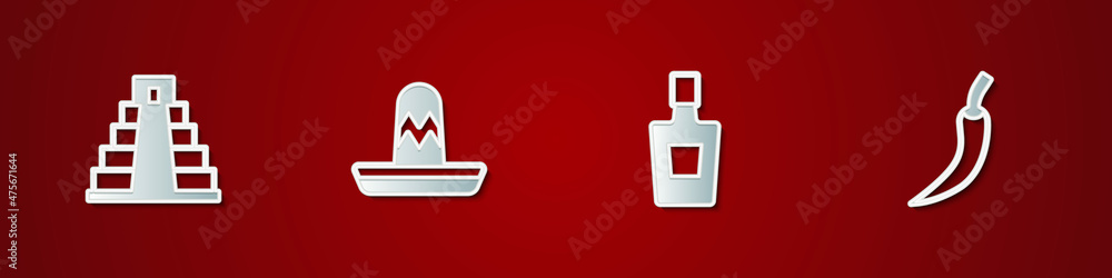 Set Chichen Itza in Mayan, Mexican sombrero, Tequila bottle and Hot chili pepper pod icon. Vector Set Chichen Itza in Mayan, Mexican sombrero, Tequila bottle and Hot chili pepper pod icon. Vector