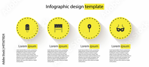 Set Ice cream, BBQ brazier, Balloon with ribbon and Festive mask. Business infographic template. Vector
