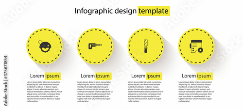 Set Electric circular saw, Rotary hammer drill machine, Rasp metal file and Power electric generator. Business infographic template. Vector