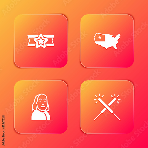 Set Star American military, USA map, Benjamin Franklin and Sparkler firework icon. Vector