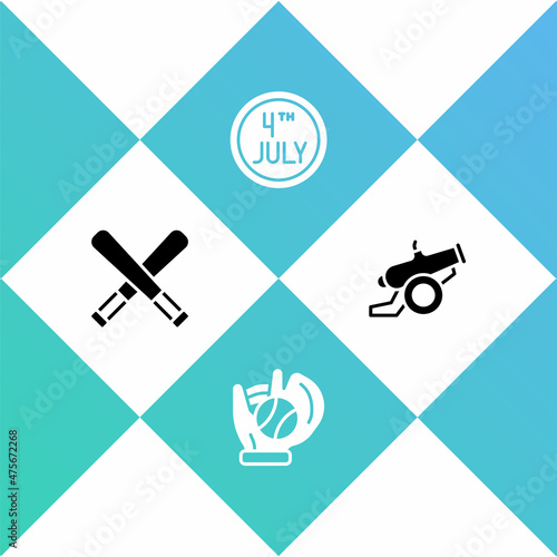 Set Crossed baseball bat, Baseball glove with, Calendar date July 4 and Cannon icon. Vector
