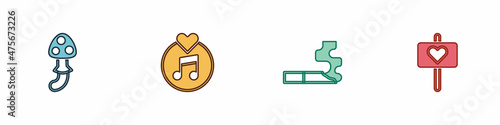 Set Psilocybin mushroom, Vinyl disk, Cigarette and Peace icon. Vector