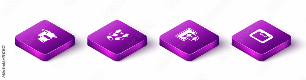 Set Isometric Towel on hanger, Sports doping with dumbbell, Fitness app and Bathroom scales icon. Vector Set Isometric Towel on hanger, Sports doping with dumbbell, Fitness app and Bathroom scales icon. Vector