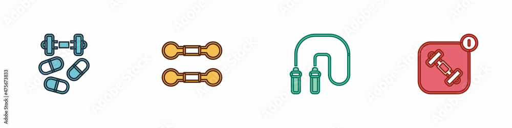 Set Sports doping with dumbbell, Dumbbell, Jump rope and Fitness app icon. Vector Set Sports doping with dumbbell, Dumbbell, Jump rope and Fitness app icon. Vector