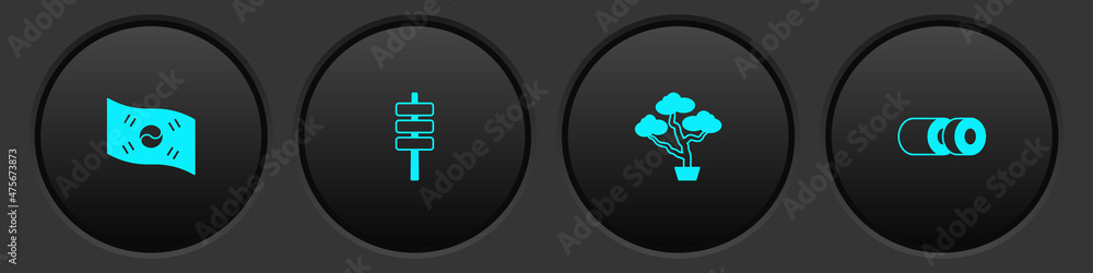 Set South Korea flag, Korean food tokpokki, Bonsai tree and Sushi icon. Vector Set South Korea flag, Korean food tokpokki, Bonsai tree and Sushi icon. Vector