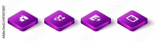 Set Isometric Towel on hanger, Sports doping with dumbbell, Fitness app and Bathroom scales icon. Vector