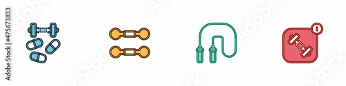 Set Sports doping with dumbbell, Dumbbell, Jump rope and Fitness app icon. Vector
