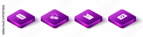 Set Isometric Money prize in casino, Game dice, Lottery ticket and Lucky wheel phone icon. Vector