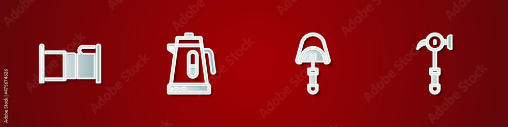 Set Bed, Electric kettle, Spatula and Hammer icon. Vector Set Bed, Electric kettle, Spatula and Hammer icon. Vector
