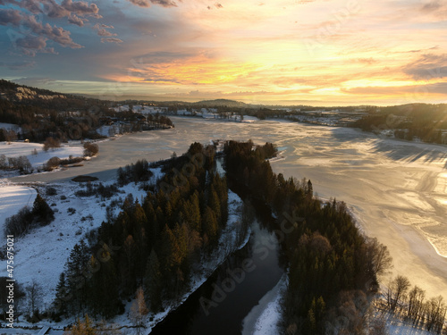 Sunrise over Oslo  Norway. Shot just outside of the city a winter morning in December. Shot high up in the sky with a drone. DJI Mavic 3