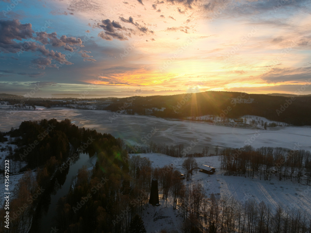Sunrise over Oslo, Norway. Shot just outside of the city a winter morning in December. Shot high up in the sky with a drone. DJI Mavic 3 Sunrise over Oslo, Norway. Shot just outside of the city a winter morning in December. Shot high up in the sky with a drone. DJI Mavic 3
