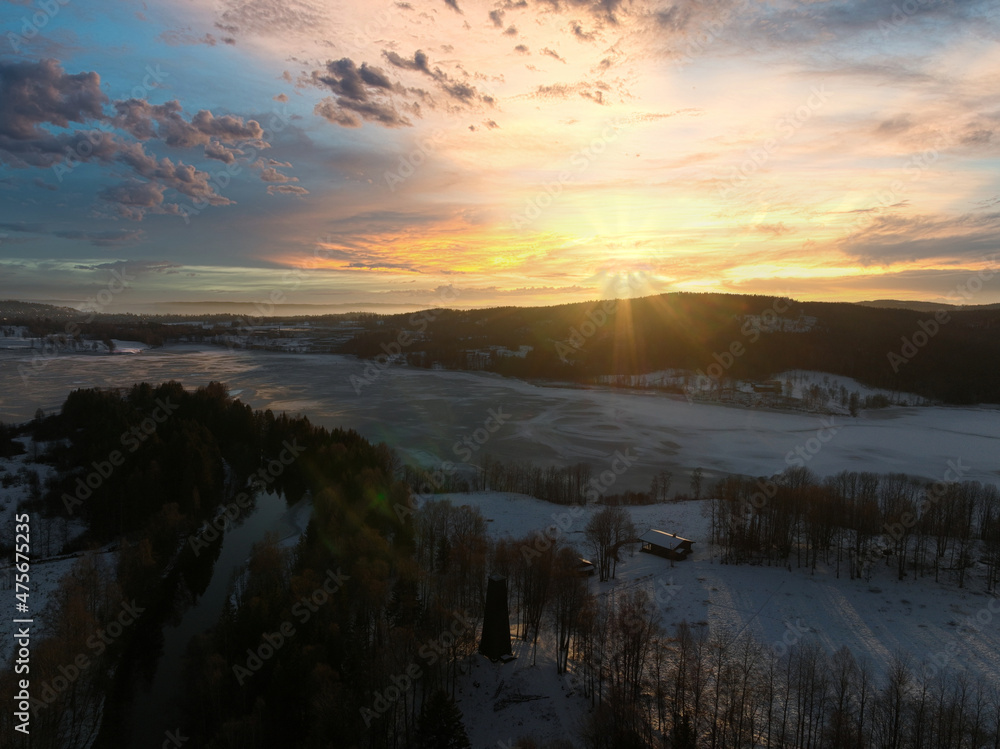 Sunrise over Oslo, Norway. Shot just outside of the city a winter morning in December. Shot high up in the sky with a drone. DJI Mavic 3