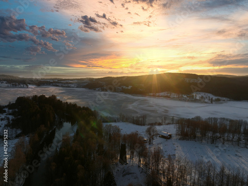 Sunrise over Oslo  Norway. Shot just outside of the city a winter morning in December. Shot high up in the sky with a drone. DJI Mavic 3