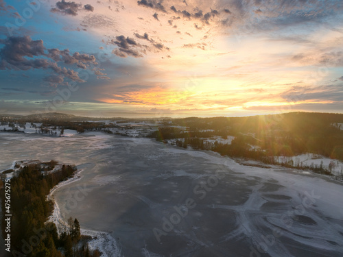 Sunrise over Oslo, Norway. Shot just outside of the city a winter morning in December. Shot high up in the sky with a drone. DJI Mavic 3