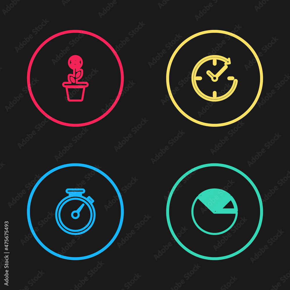 Set line Stopwatch, Pie chart infographic, Clock with arrow and Dollar plant the pot icon. Vector Set line Stopwatch, Pie chart infographic, Clock with arrow and Dollar plant the pot icon. Vector