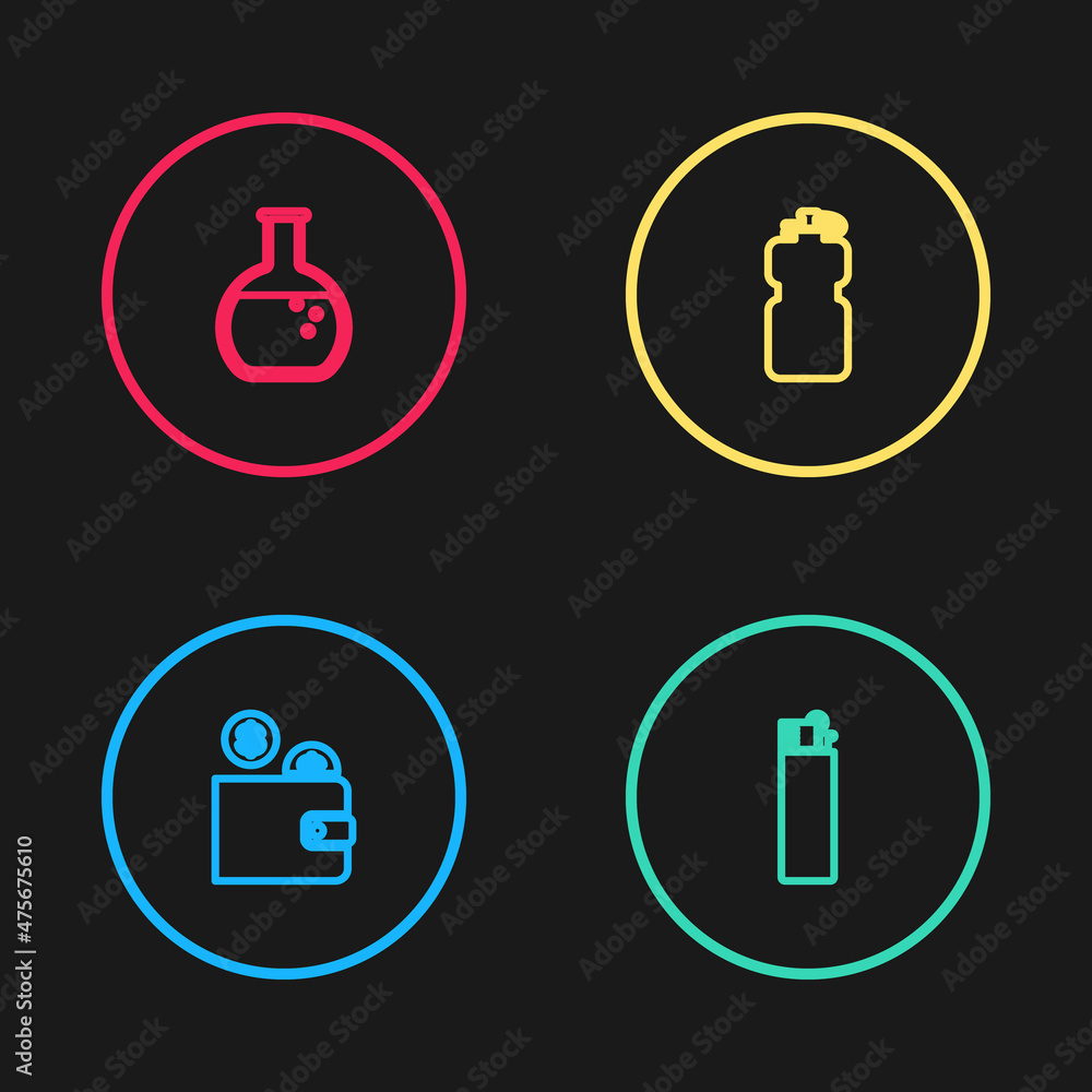 Set line Wallet with coin, Lighter, Sport bottle water and Test tube and flask icon. Vector Set line Wallet with coin, Lighter, Sport bottle water and Test tube and flask icon. Vector