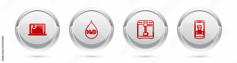 Set line Laptop with resume, Water drop H2O, Coffee machine and cup and Smartphone contact. Silver circle button. Vector Set line Laptop with resume, Water drop H2O, Coffee machine and cup and Smartphone contact. Silver circle button. Vector
