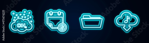 Set line Methane emissions reduction, Financial calendar, Folder and Cloud download music. Glowing neon icon. Vector