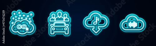 Set line CO2 emissions in cloud, Car sharing, Cloud download music and Music streaming service. Glowing neon icon. Vector